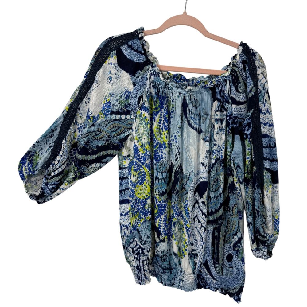 Desigual Off Shoulder Top Size XL Long Sleeves Blue Paisley Mediterranean Resort - Picture 3 of 14